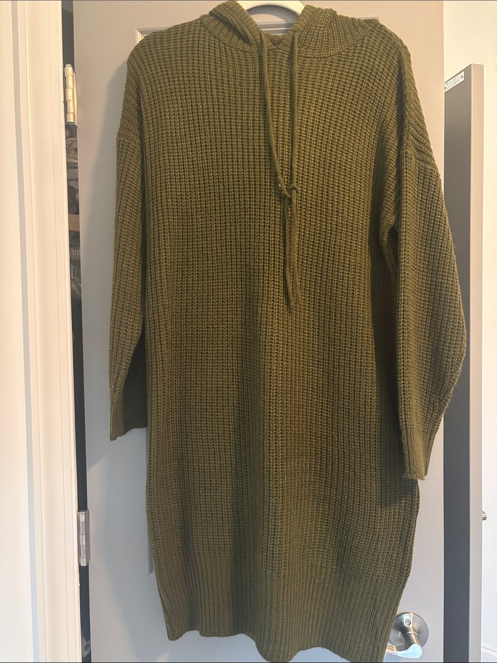 Deep Olive Green Hooded Knit Sweater Dress